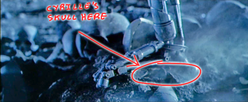 Cyrille skull being crished by a Skynet robot